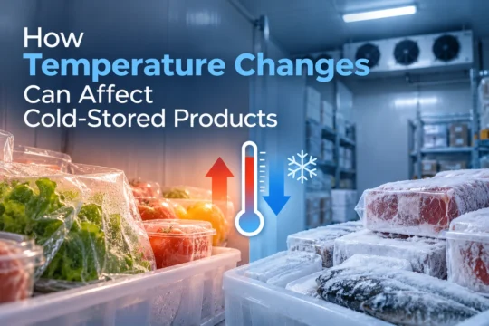 Cold room storage showing chilled and frozen products with a thermometer illustrating temperature changes.