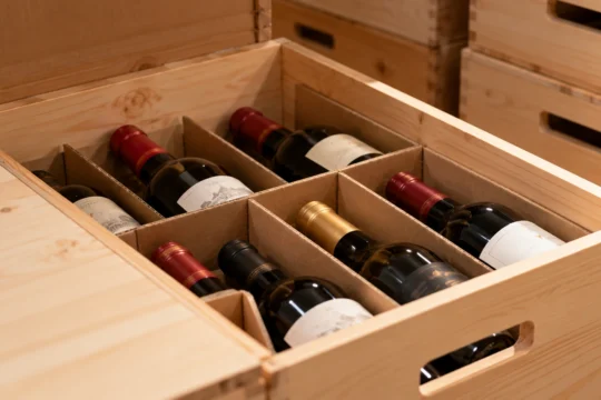 Wine bottles organised in a wooden storage box as part of a growing wine collection.