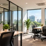 Modern office space with desks and workstations illustrating how much office space a business may need.