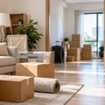 Moving boxes and household belongings packed in a home before moving house and placing items into self-storage.