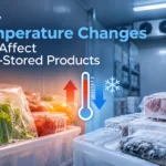 Cold room storage showing chilled and frozen products with a thermometer illustrating temperature changes.
