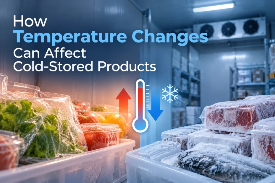 Cold room storage showing chilled and frozen products with a thermometer illustrating temperature changes.