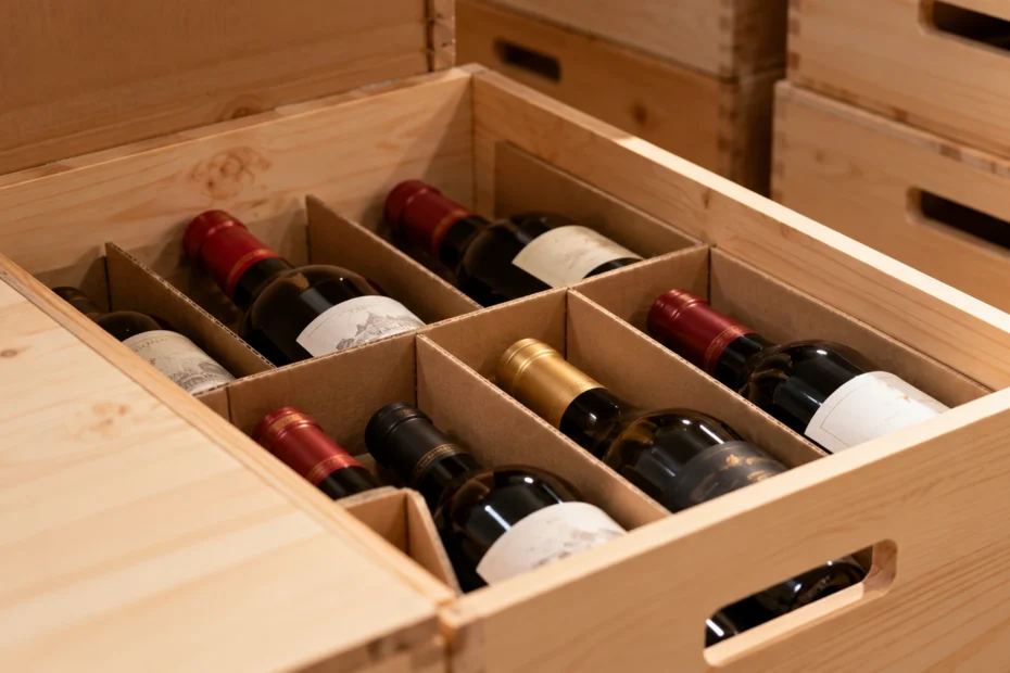 Wine bottles organised in a wooden storage box as part of a growing wine collection.