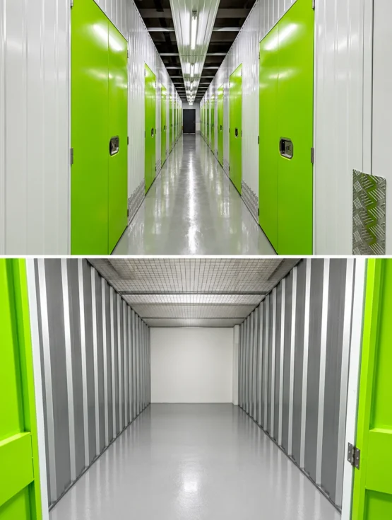 Air-conditioned self-storage units with clean storage spaces and secure green doors in Singapore