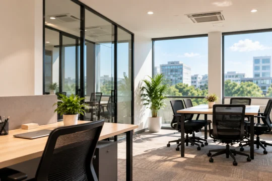 How Much Office Space Does Your Business Really Need Modern office space with desks and workstations illustrating how much office space a business may need.