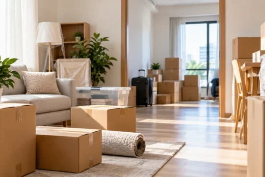 How Self-Storage Can Help When Moving House Moving boxes and household belongings packed in a home before moving house and placing items into self-storage.