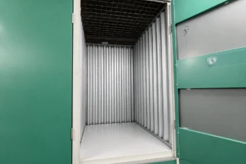 Clean and empty upper self-storage locker with metal interior at EBC Lifestyle Hub Singapore.
